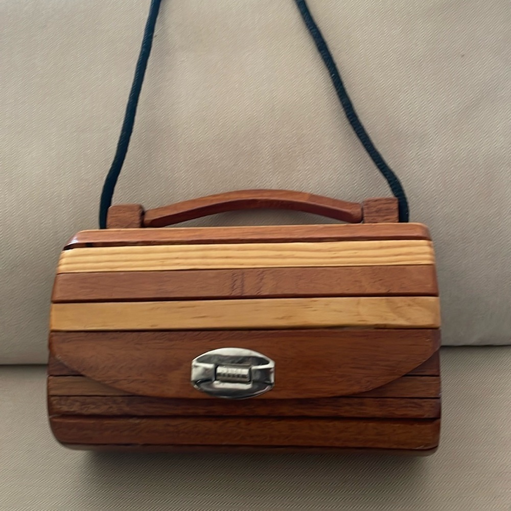 Vintage Wood Varied Slats Fully Lined Handle Mini Bag Black Rope Crossbody